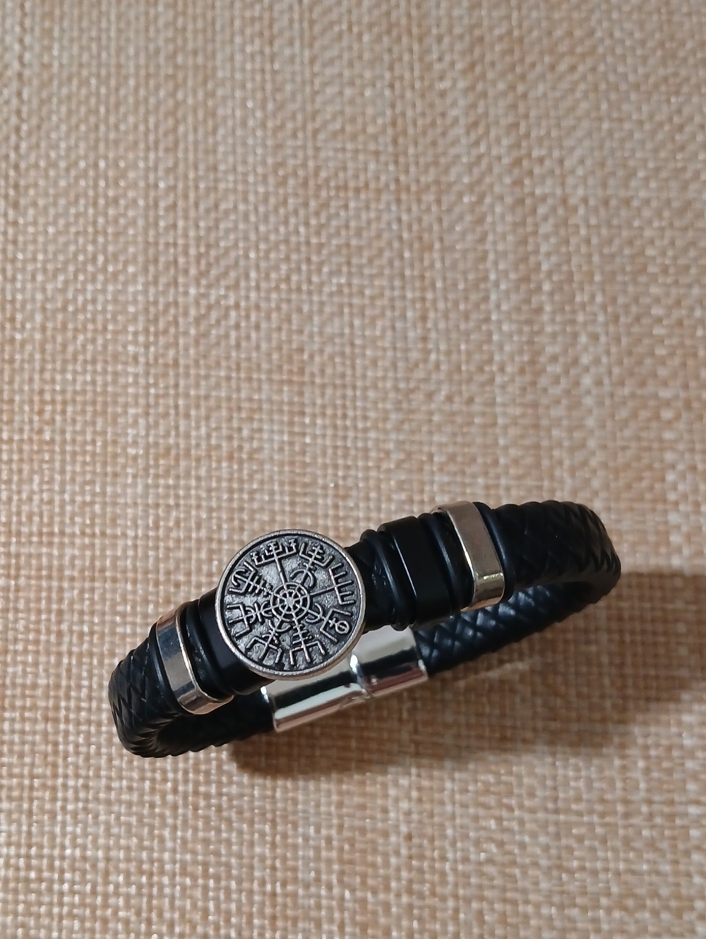 NWOT Black Braided Leather Men's Bracelet with Silver Rune Medallion